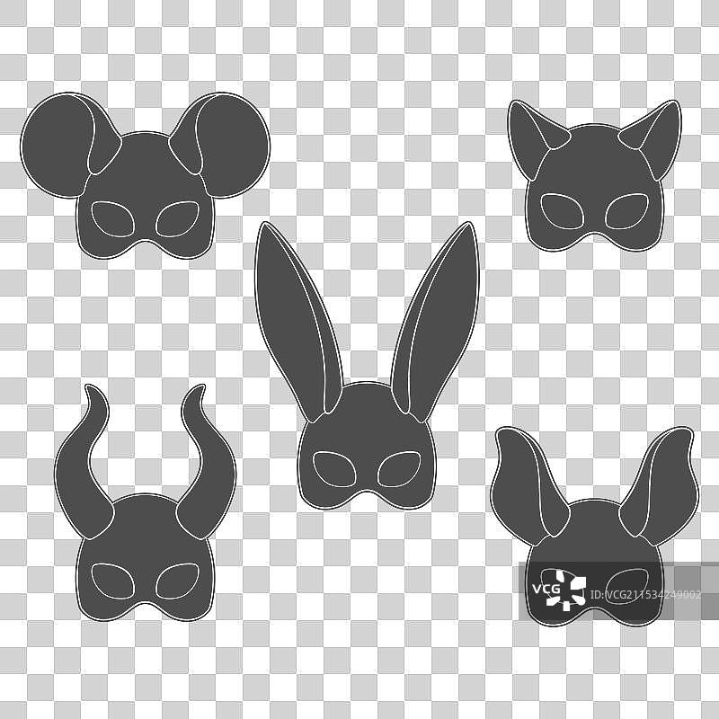 一套包含兔子、猫和老鼠的狂欢节面具图片素材