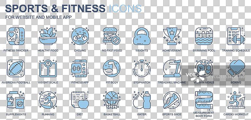 运动与健身网页图标集，双色线条设计图片素材