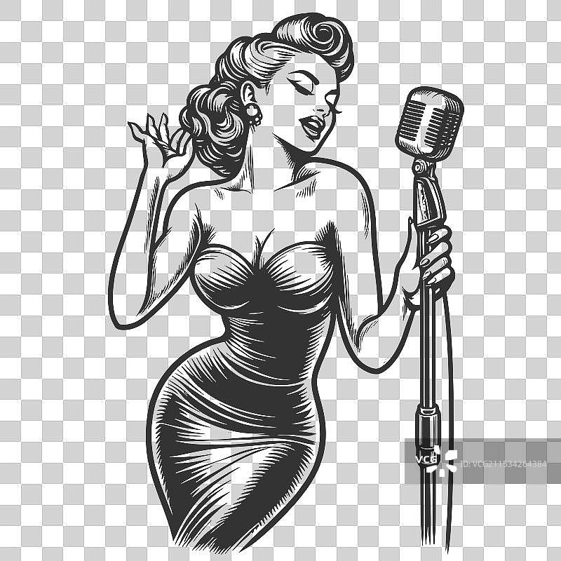 手持麦克风的女性歌手雕刻图案图片素材