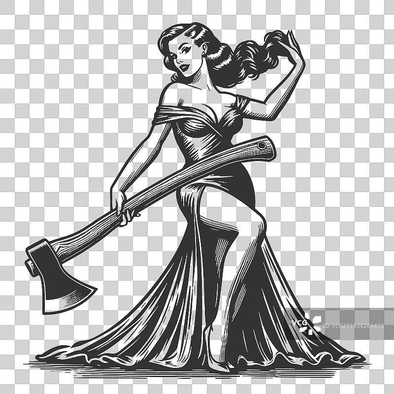 穿着裙子的美女手持斧头图片素材