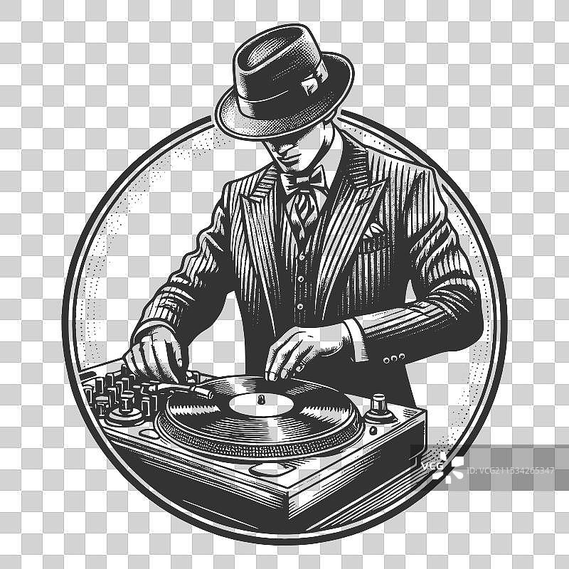 身穿西装的复古DJ与唱盘图片素材