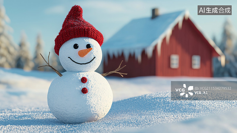 【AI数字艺术】雪地上戴红色帽子和围巾的雪人图片素材