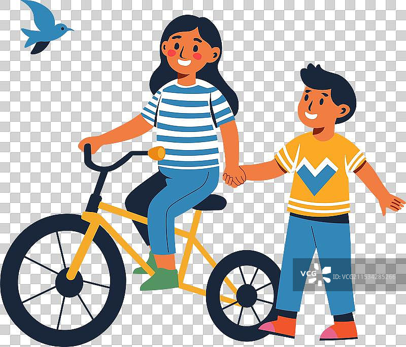 女孩骑自行车，身边有男孩。图片素材