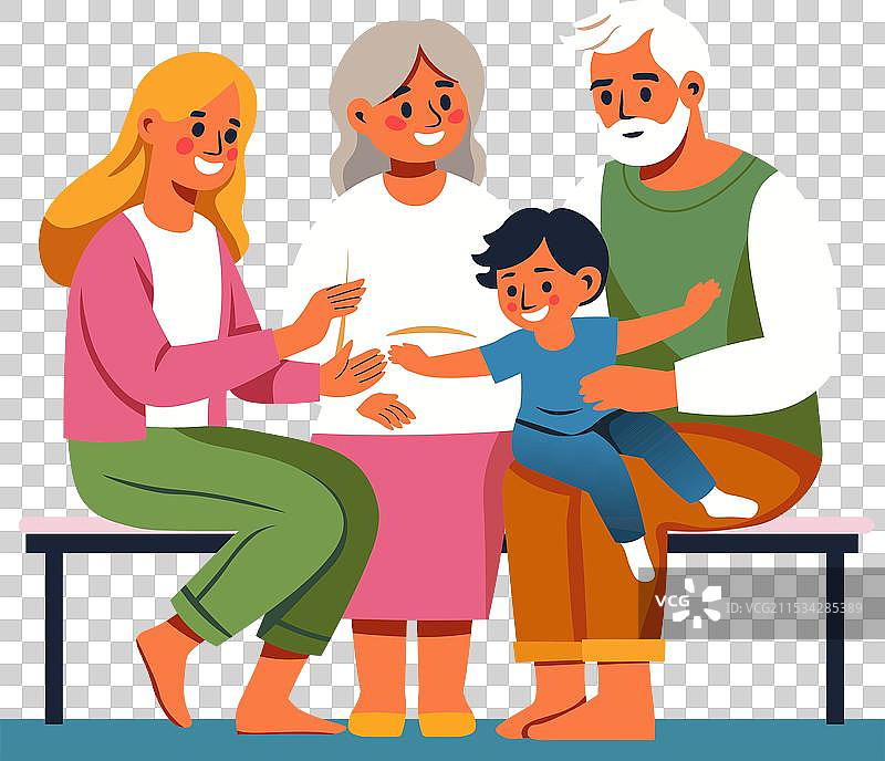 快乐的家庭坐在长椅上图片素材