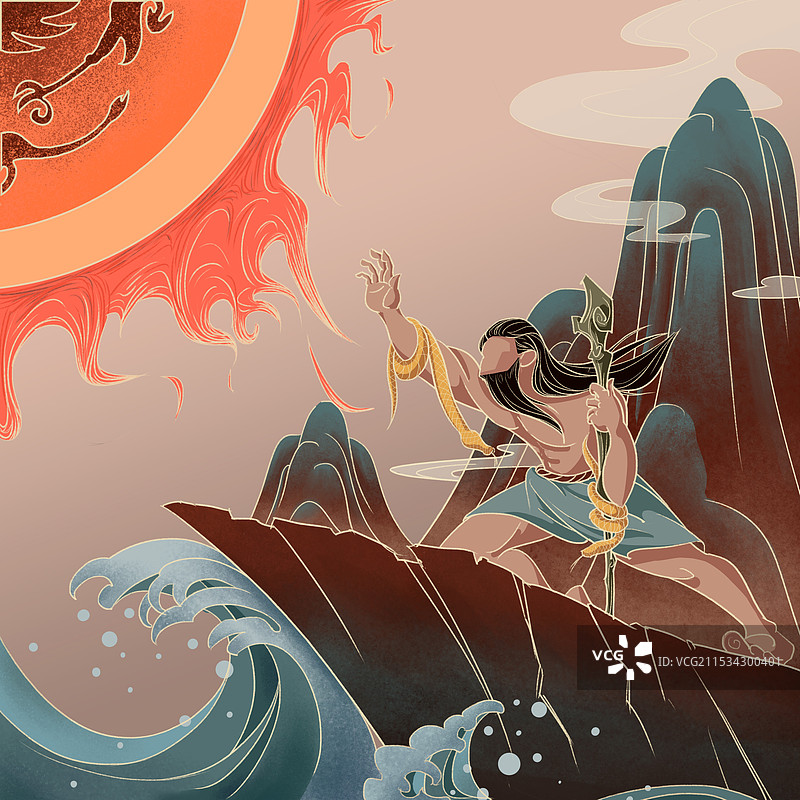 夸父逐日，神话系列，插图文创图片素材