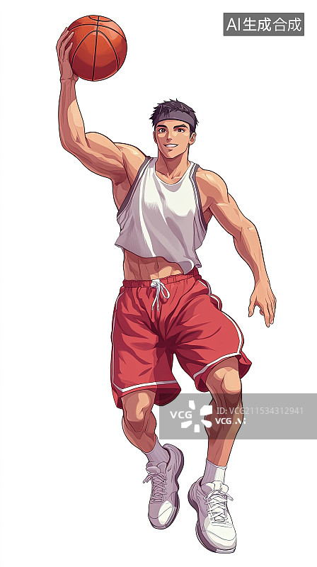 【AI数字艺术】正在打篮球的高大帅气中国男孩插画图片素材