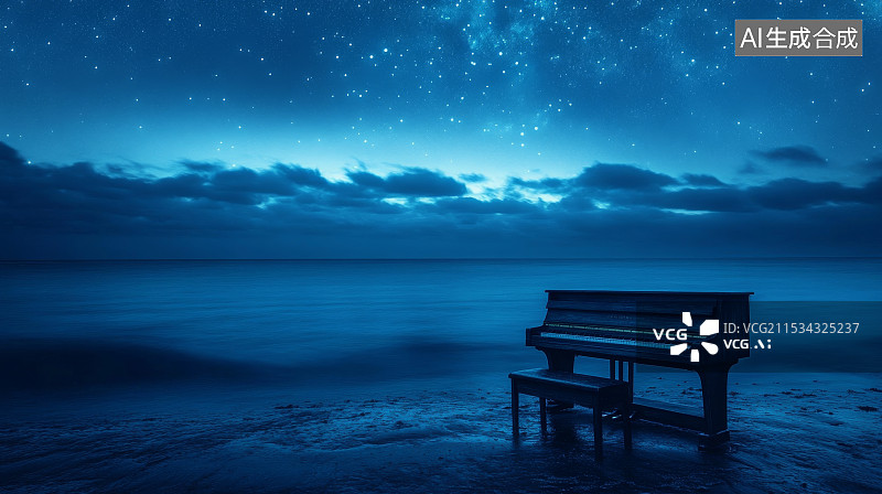 【AI数字艺术】蓝色星空下海上钢琴图片素材