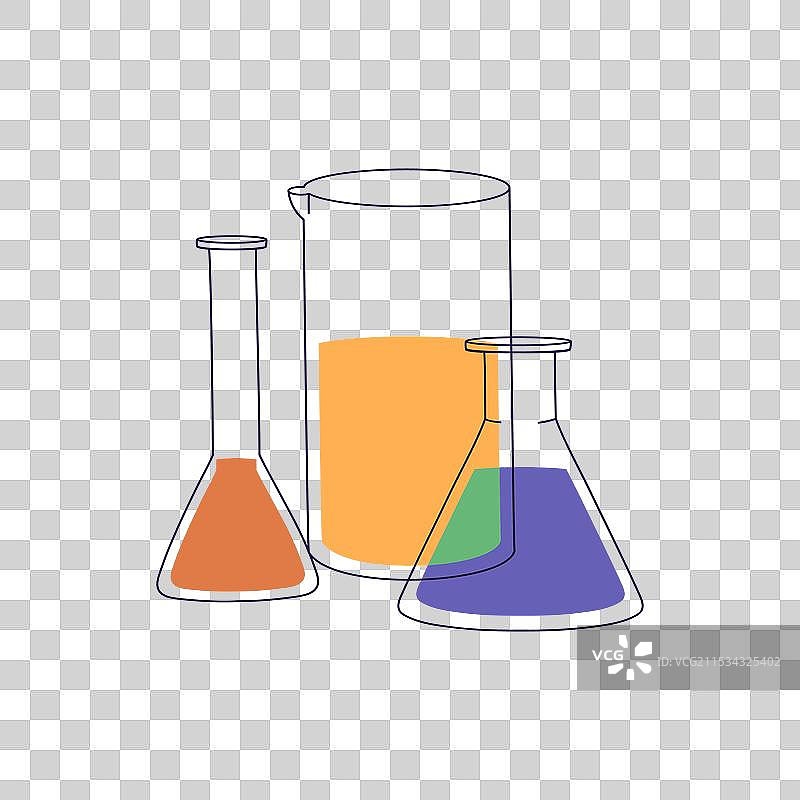 带有彩色液体的烧杯和化学试剂瓶图片素材