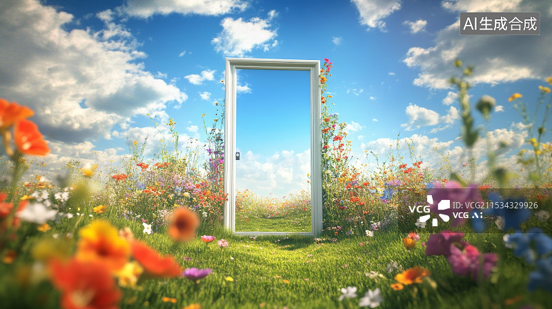 【AI数字艺术】春天题材，抽象的花海里的门图片素材
