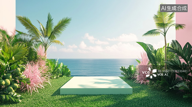 【AI数字艺术】热带海滩上的棕榈树。电商背景，产品展台图片素材