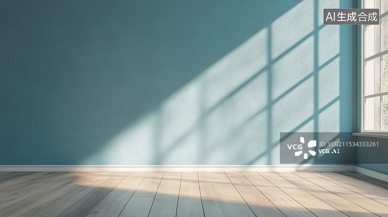 【AI数字艺术】阳光透过窗户照进蓝色墙壁和木地板的室内空间图片素材