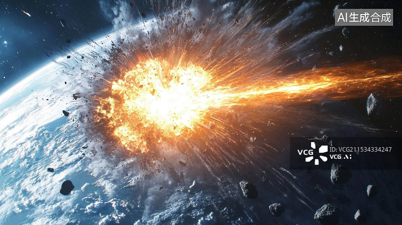 【AI数字艺术】小行星冲向地球的危险，造成炽热的爆炸和陨石般的碎片，唤起世界末日图片素材