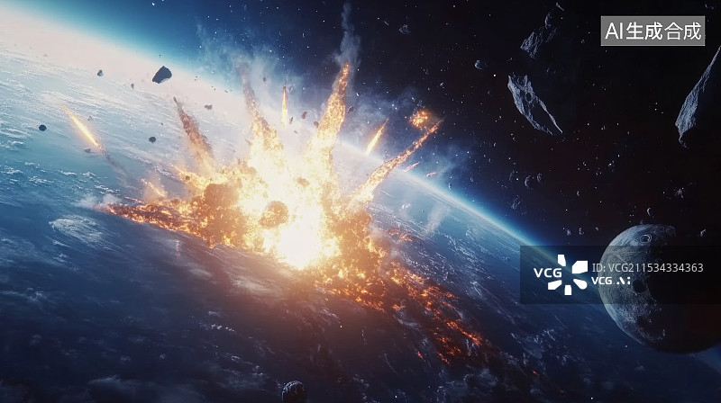【AI数字艺术】小行星冲向地球的危险，造成炽热的爆炸和陨石般的碎片，唤起世界末日图片素材