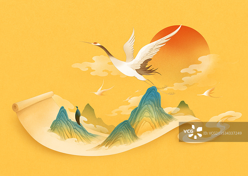 国风山水画卷插画图片素材