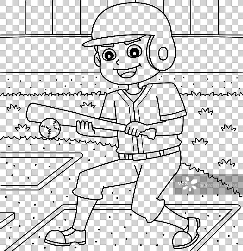 儿童棒球运动员的短打涂色页图片素材