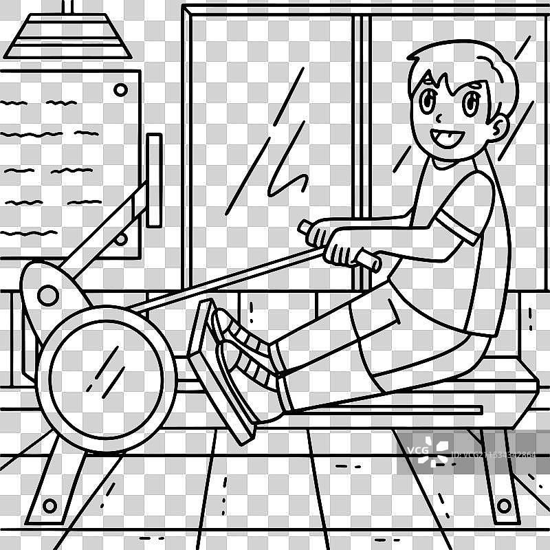 室内划船机上的划船运动员涂色图片素材