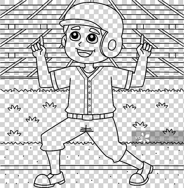 儿童棒球运动员庆祝涂色页图片素材