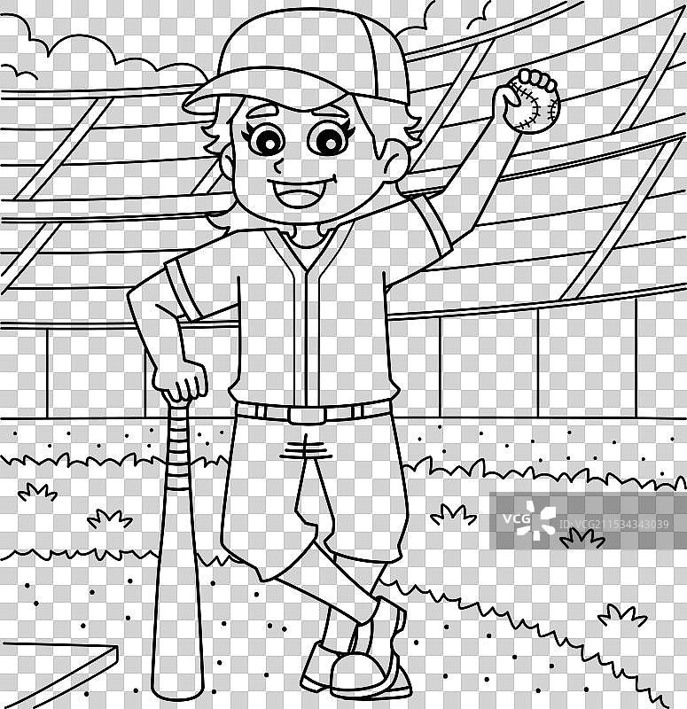 女棒球运动员涂色页，适合儿童使用图片素材
