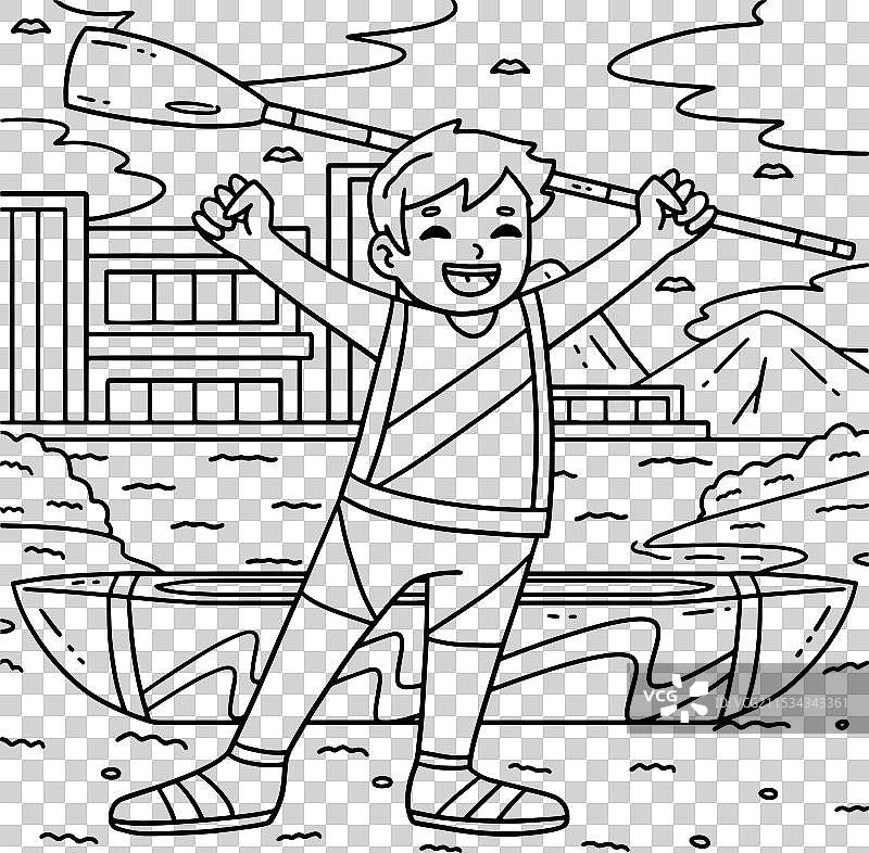 划船运动员举起桨庆祝胜利的涂色图图片素材