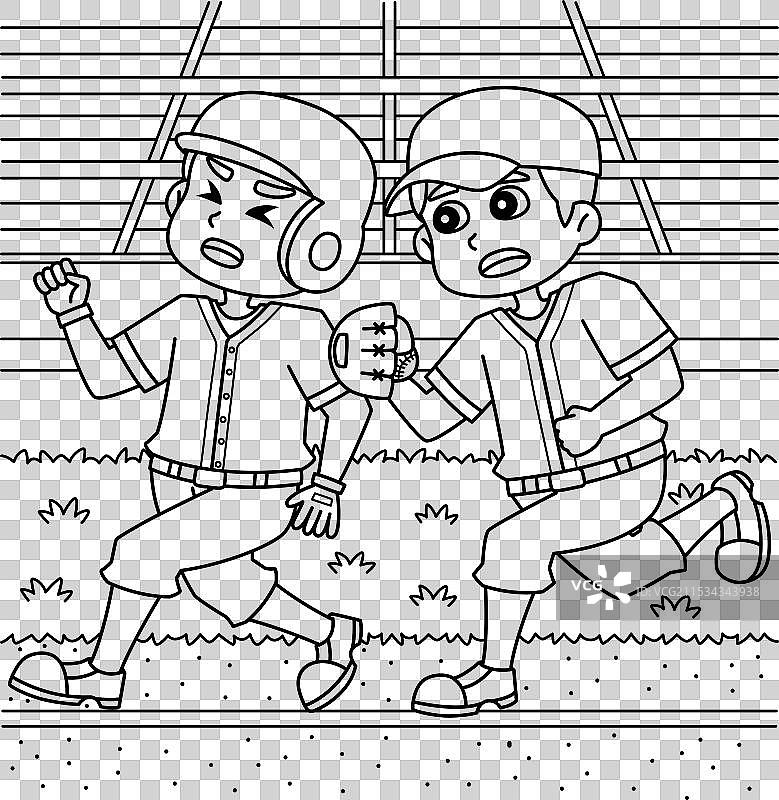 儿童棒球运动员标签涂色页图片素材