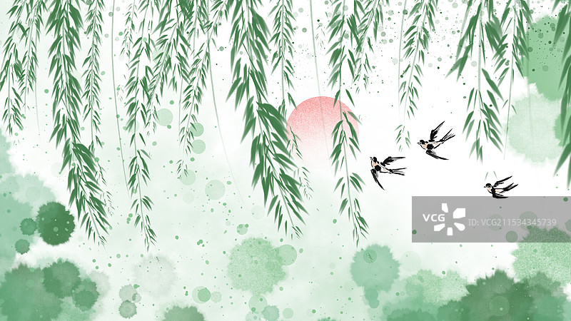 中国风春分抽象艺术柳树泼墨晕染诗意水墨画图片素材