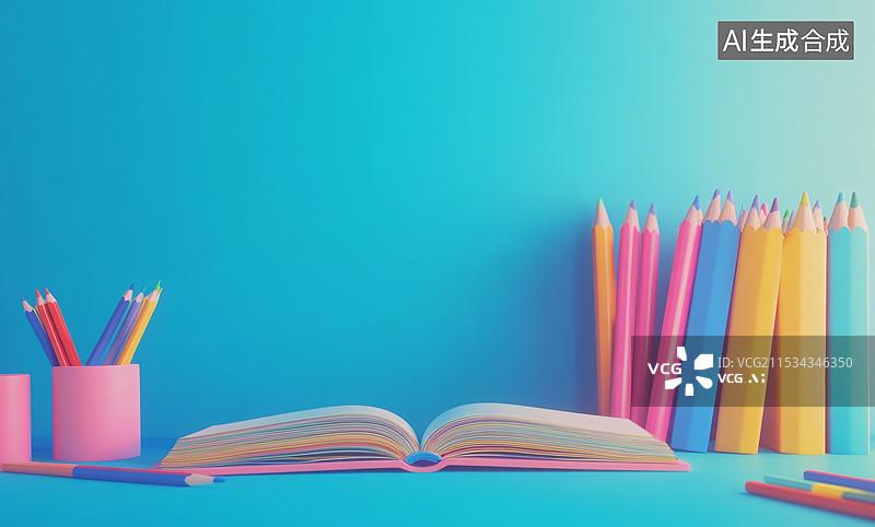 【AI数字艺术】一个充满学习氛围的场景。画面中有一本打开的书，书页整齐地展开，旁边是一些竖立的彩色铅笔和几本书。图片素材