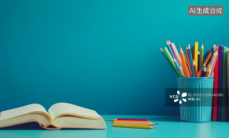 【AI数字艺术】一个充满学习氛围的场景。画面中有一本打开的书，书页整齐地展开，旁边是一些竖立的彩色铅笔和几本书。图片素材