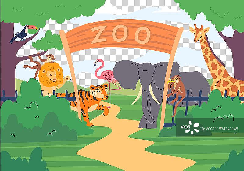 卡通色彩的动物园公园入口与野生动物园图片素材