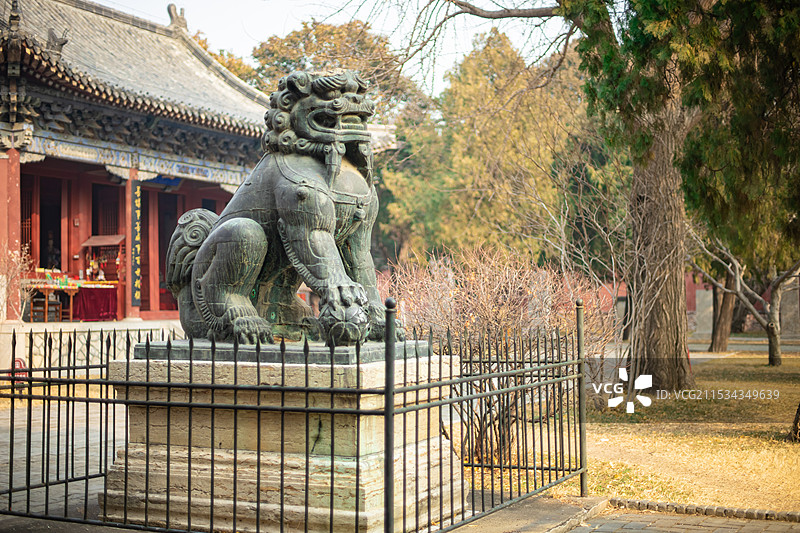 中国山东泰安著名景点泰山旅行旅游目的地风景区，岱庙行宫青铜铸铁狮子雕塑，户外白昼无人图像摄影图片素材