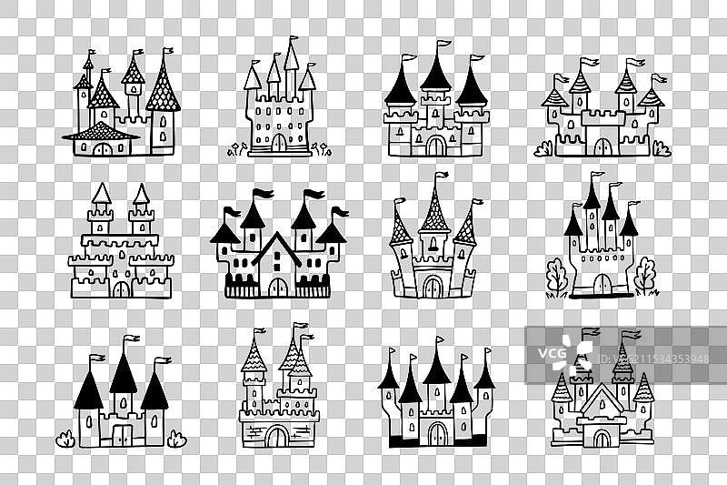 手绘卡通城堡图标集涂鸦图片素材