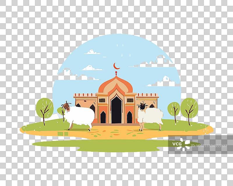 开斋节快乐，清真寺与羊群在风景中图片素材