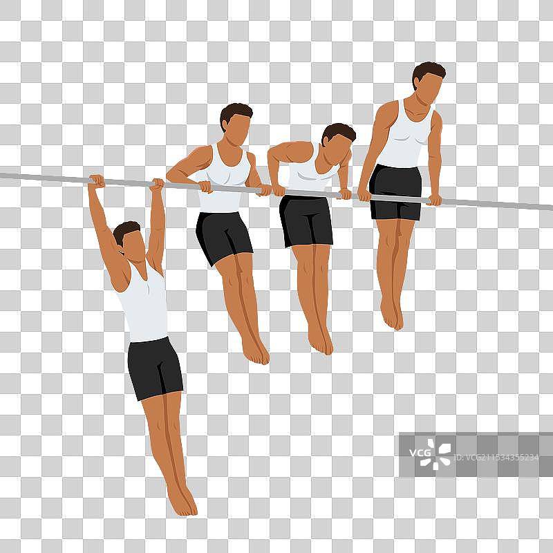 年轻男子在横杆上进行四个步骤的引体向上训练图片素材