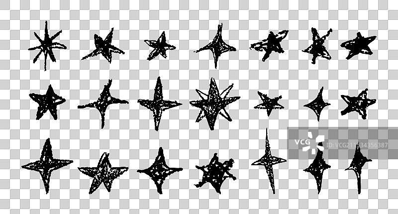 一组黑色粉笔画的星星闪耀或发光图片素材