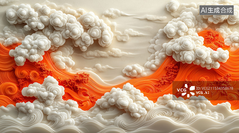 【AI数字艺术】3D中国风浮雕祥云场景图片素材