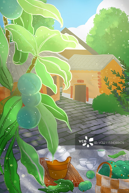 二十四节气夏天风景芒种青梅煮茶农家小院无人卡通手绘插画图片素材