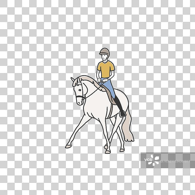 男孩骑在盛装舞步马上的半侧行动作图片素材