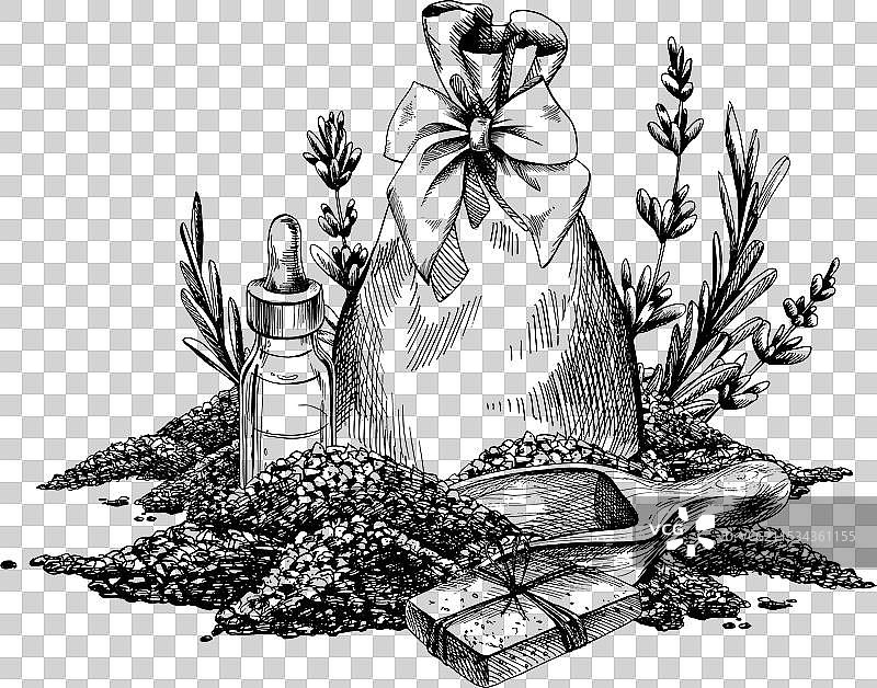 手工制作的薰衣草化妆品罐、盐和香皂图片素材