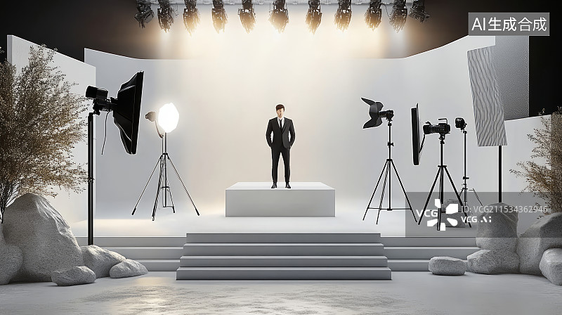 【AI数字艺术】影棚拍摄和网络直播间工作场景，直播经济概念图片素材