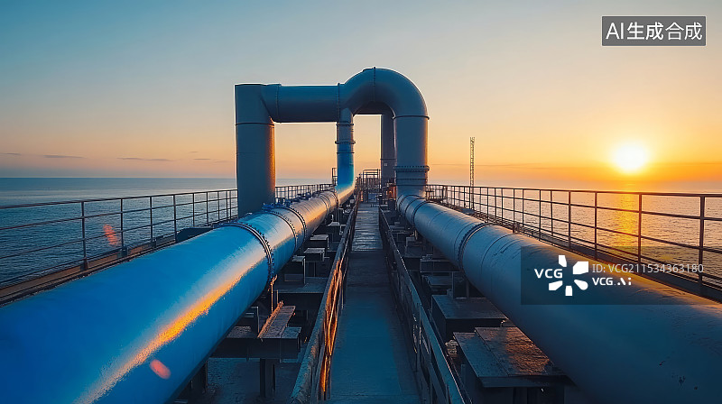【AI数字艺术】黄昏下的海上输油管道和炼油厂图片素材