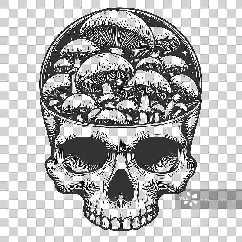 在雕刻中生长的骷髅蘑菇图片素材