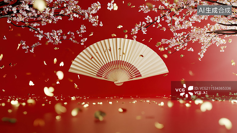 【AI数字艺术】飘动的金色纸屑红色礼品梅花中国风折扇的三维渲染红色喜庆背景新年春节活动展厅图片素材