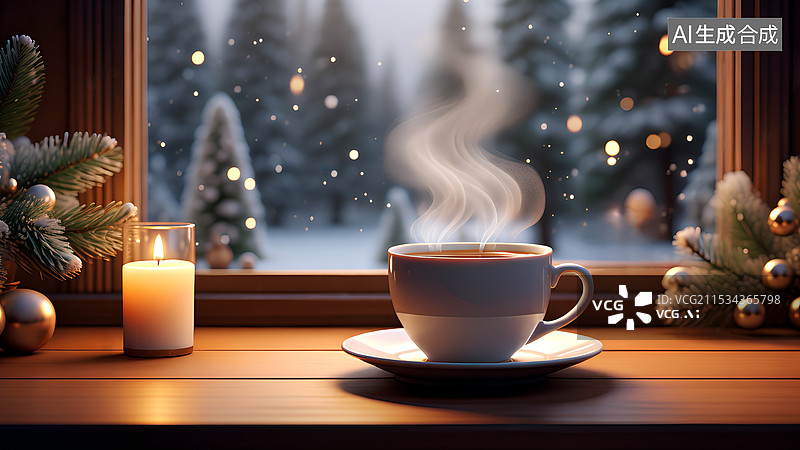 【AI数字艺术】雪天屋内窗前一杯热气腾腾的茶或咖啡图片素材
