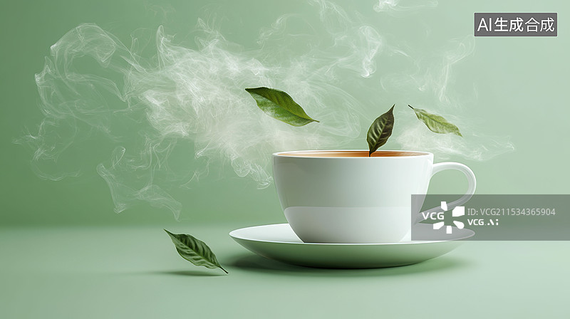 【AI数字艺术】一杯绿茶绿色背景茶叶飘香飘落叶子热气品茶茶文化传统包装配图素材图片素材