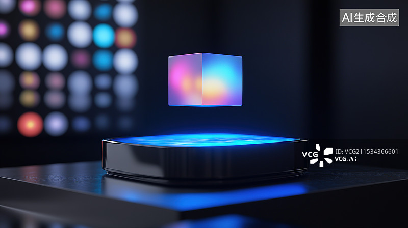 【AI数字艺术】黑色背景下圆形舞台上空悬浮的能量魔方科技主题插画图片素材