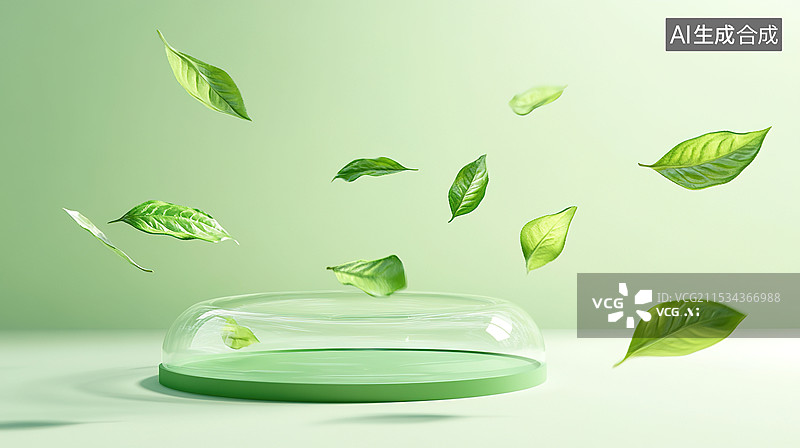 【AI数字艺术】茶文化和中国传统元素透明容器中的品茶和飘落的绿茶清新自然茶展示展厅包装背景图片素材