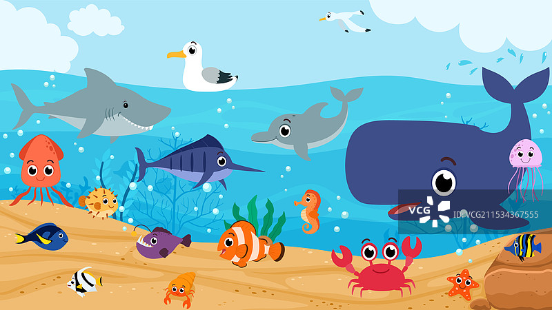 可爱的热带鱼与水下生活卡通图图片素材