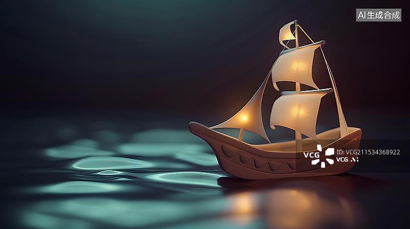 【AI数字艺术】黑色背景下桌子上的帆船图片素材