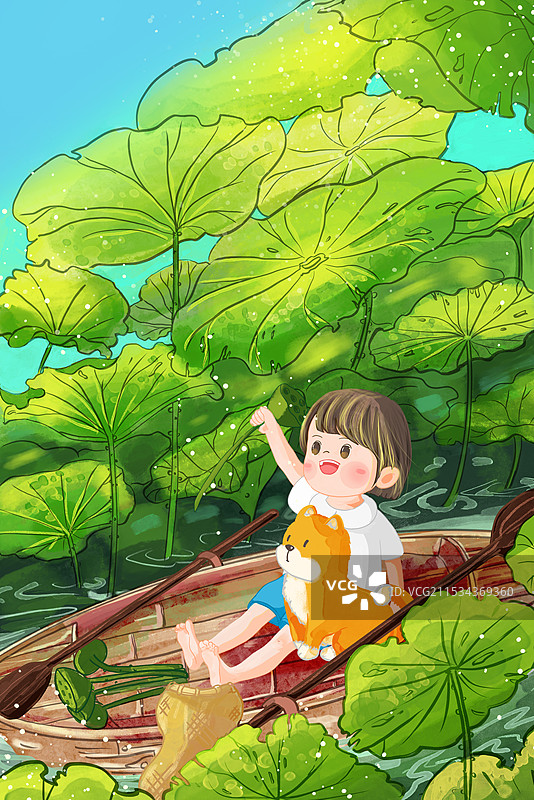 二十四节气小暑夏天荷塘小朋友和狗童年回忆采莲蓬手绘插画图片素材
