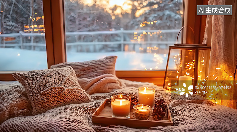 【AI数字艺术】冬日温暖的房间内部图片素材