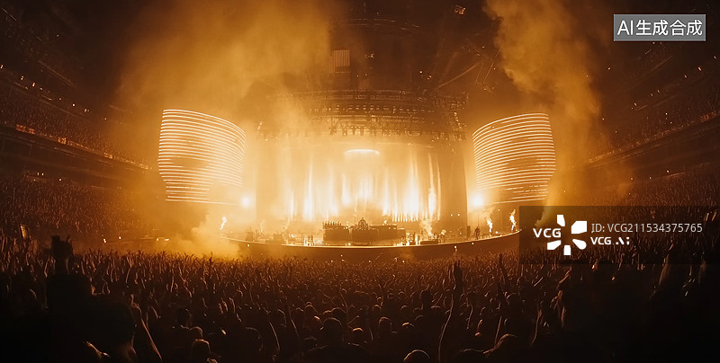 【AI数字艺术】一场大型音乐会的壮观场景。舞台中央有一个巨大的圆形灯光装置，周围环绕着明亮的灯光和烟雾效果，营造出一图片素材